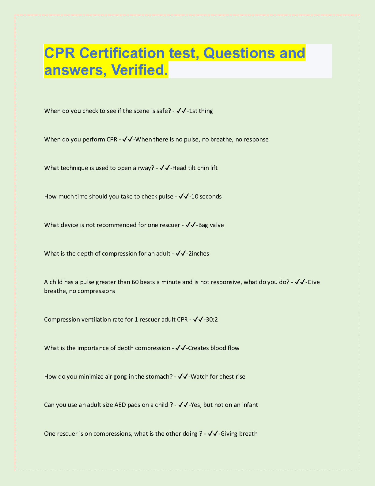 Preview image of CPR Certification test, Questions and  answers, Verified. document
